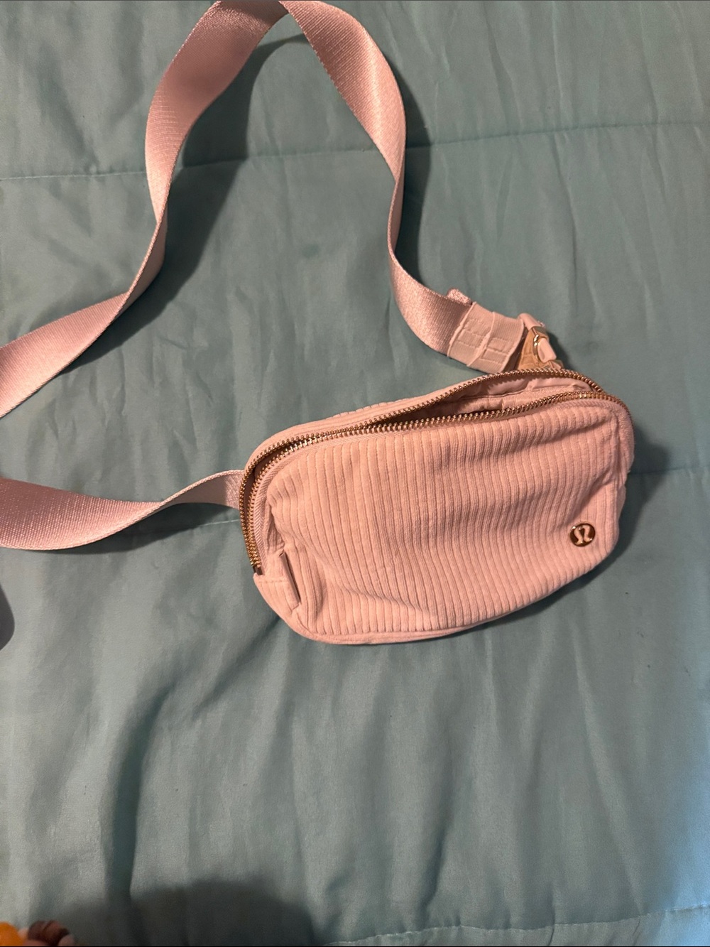 Women's Pink Corduroy Crossbody Belt Bag with Gold Accent
